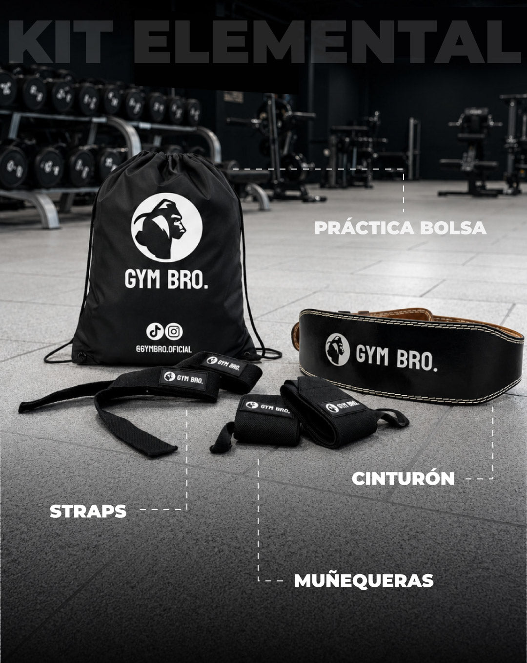 Kit Elemental Gym Bro - Cinturón, Straps & Muñequeras