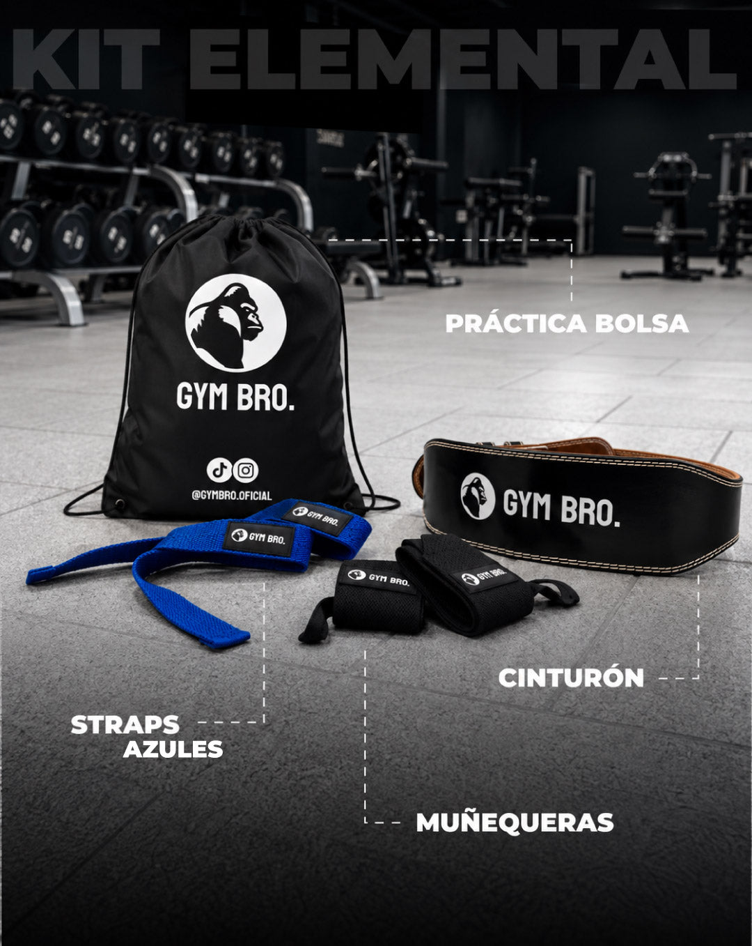Kit Elemental Gym Bro - Cinturón, Straps & Muñequeras