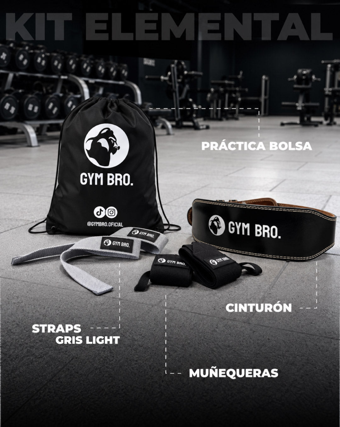 Kit Elemental Gym Bro - Cinturón, Straps & Muñequeras