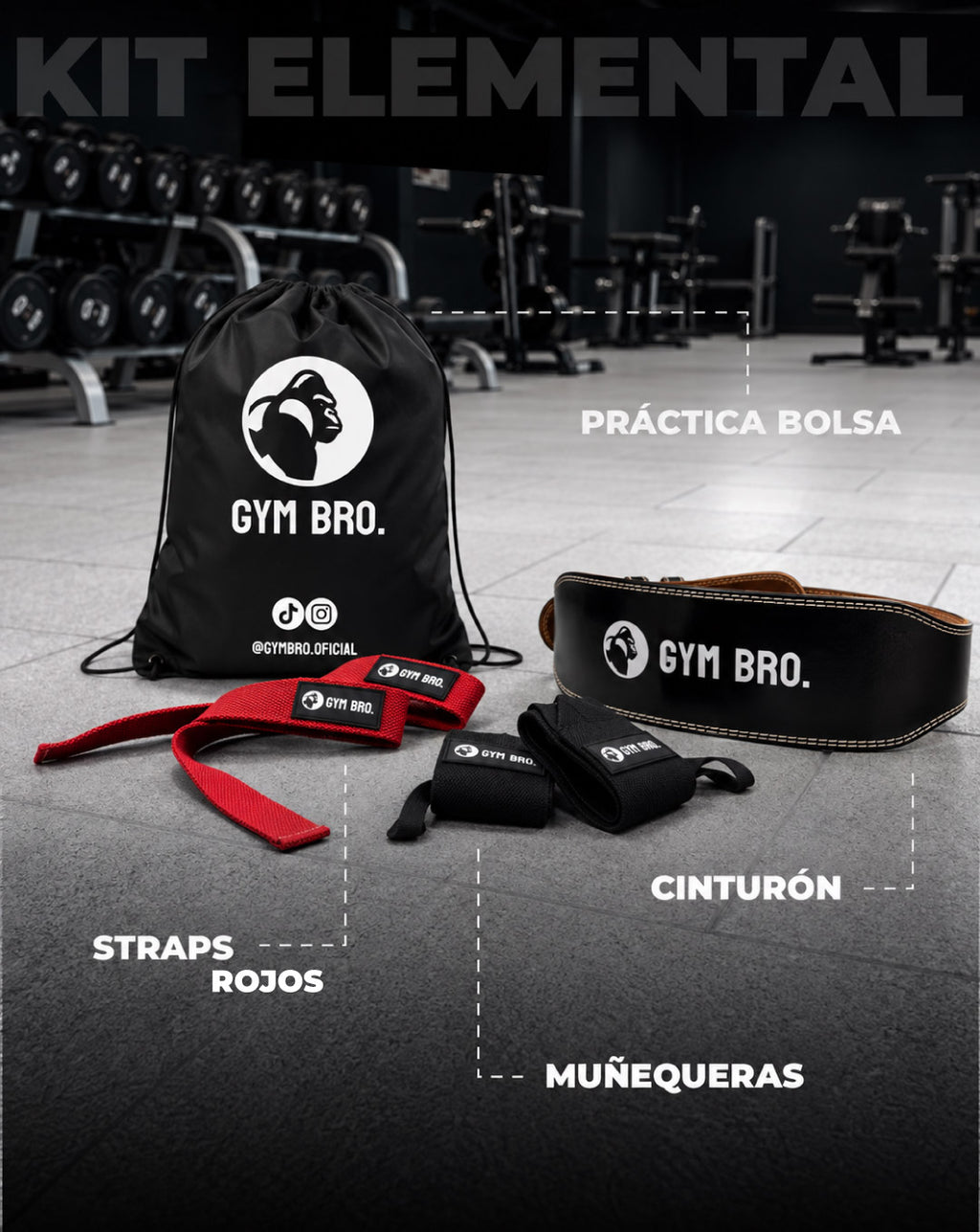 Kit Elemental Gym Bro - Cinturón, Straps & Muñequeras