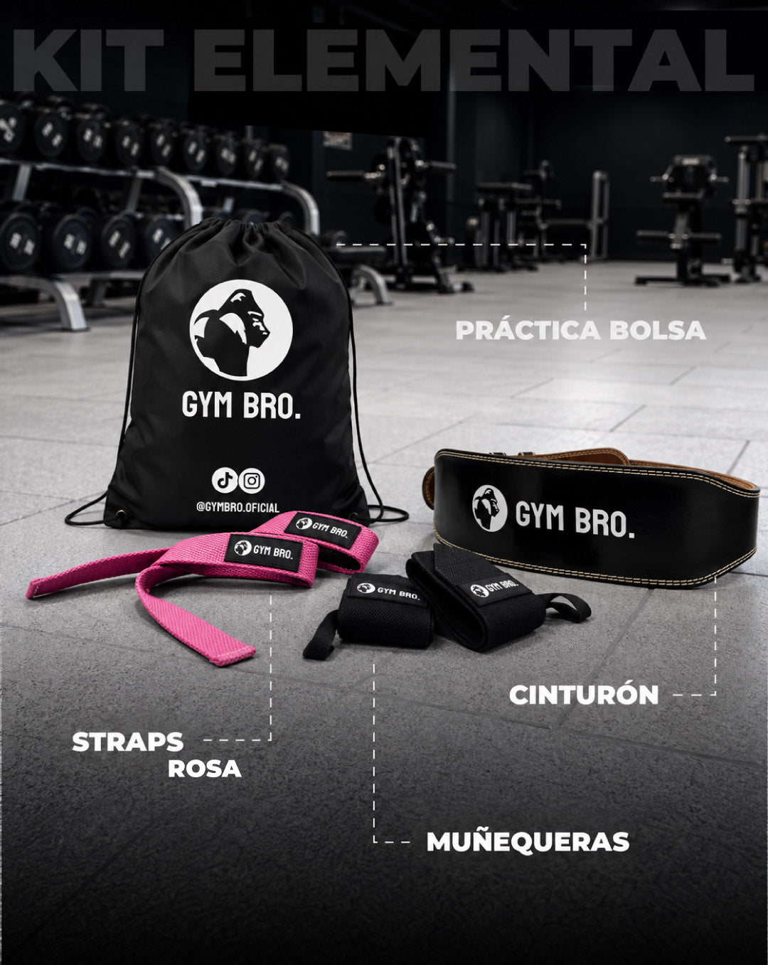 Kit Elemental Gym Bro - Cinturón, Straps & Muñequeras
