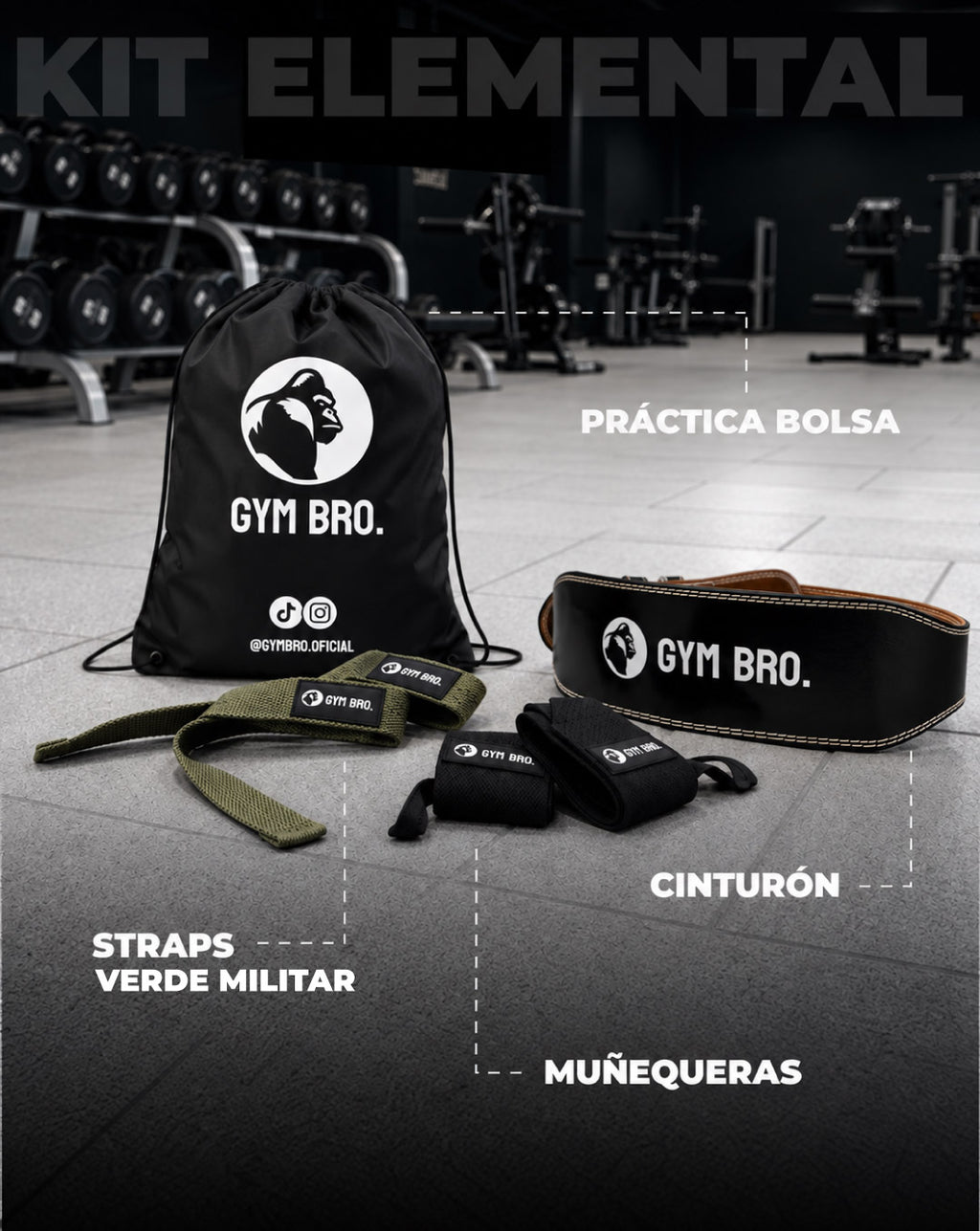 Kit Elemental Gym Bro - Cinturón, Straps & Muñequeras